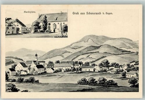 94374 W8445 Schwarzach , Niederbay Künstlerkarte Marktplatz Denkmal