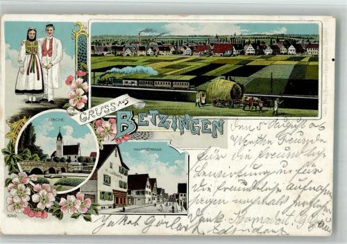 Betzingen 1906 Lithographie Hauptstraße Geschäft H. Leibssle Kirche Trachtenpaar Eisenbahn Heuernte