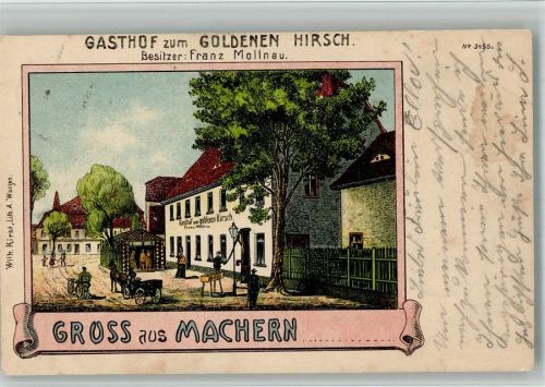 Machern 1904 Lithographie Gasthaus zum goldenen Hirsch Passepartout
