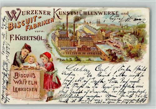 Wurzen 1898 Kunstmühlenwerke Biskuitfabriken vorm. F. Krietsch Lebkuchen Waffeln Kinder Lithographie