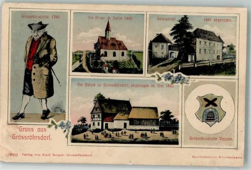 Großröhrsdorf 1906 Grossröhrsdorfer -Tracht Lehngericht Schule Grossröhrsdorfer Wappen handkoleriert