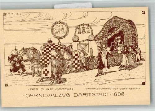 W6100 Darmstadt Karneval Festzug , der blaue Garten Zeichnung von Curt Kempin Kunstgeschichte Darmstadt 1906 BOAKC
