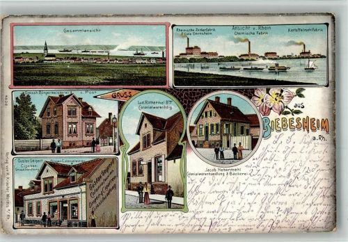 Biebesheim 1916 Lithographie Grossherzgl. Bürgermeisterei Post Rheinische Zuckerfabrik Kartoffelmehlfabrik Zigarren-Großhandlung Geipert
