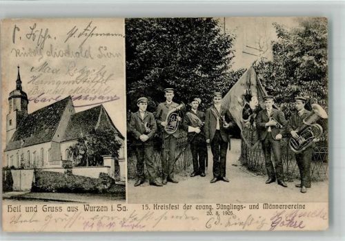04808 O7250 Wurzen 1905 BOAKC 15. Kreisfest der ev. Jünglings- und Männerverereine 20. August 1905 Kirche Bahnpost Dresden Zug 5