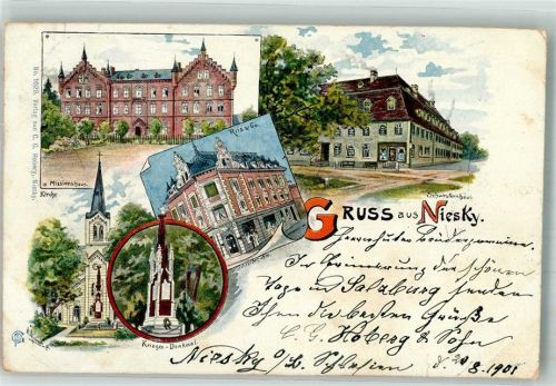 Niesky 1901 Missionshaus Kriegerdenkmal Schwesternheim Warenhaus Rifs & Co. sign. GP.