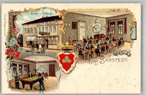 Sarstedt Lithographie Gasthaus Zum Kronprinzen Billard Wappen Krone