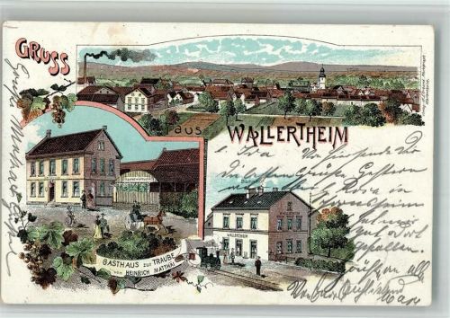 Wallertheim 1900 Lithographie Gasthaus zur Traube Bahnhof Bahnpoststempel