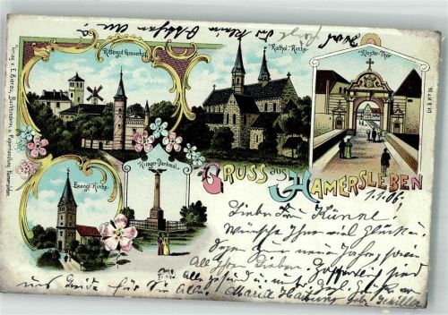 39393 O3231 Hamersleben 1906 Lithographie Ev. Kirche Kriegerdenkmal Rittergut Grauenhof Klostertor Kath. Kirche