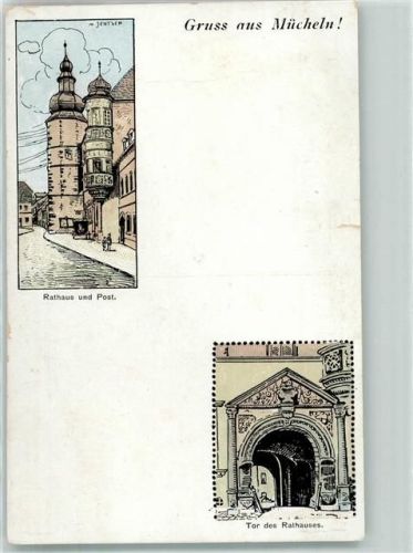 Mücheln Rathaus Post Rathaustor Heimatkarten aus Halle'schem Wanderbuch Lithographie