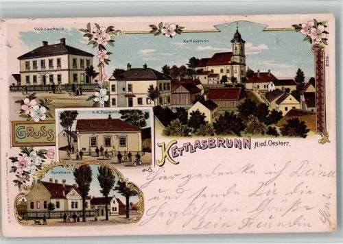 2192 Kettlasbrunn 1905 BOAKC Lithographie Volksschule K.k. Postamt Forsthaus