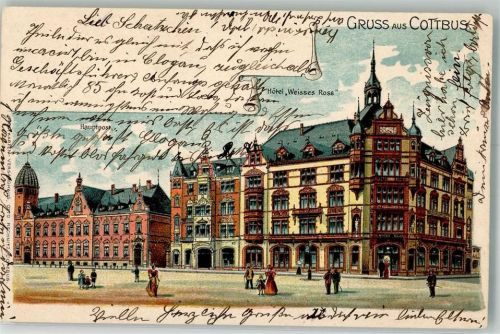Cottbus Lithographie Hotel Weisses Ross Hauptpost Stauchung