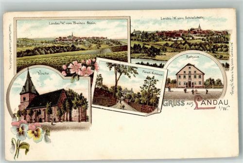 34454 W3548 Landau , Waldeck Lithographie Ladek-Landau Schlafsholz Fürstl. Schloss Rathaus Kirche