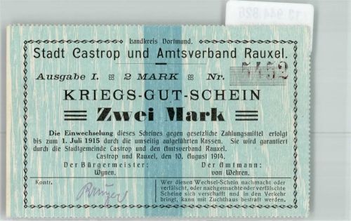 Castrop-Rauxel WK I Kriegs Gutschein I Ausgabe 2 Mark