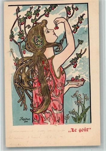 1900 Le Gout Jugendstil sign. Kieszkow Lithographie Frauenschönheit Kirschen