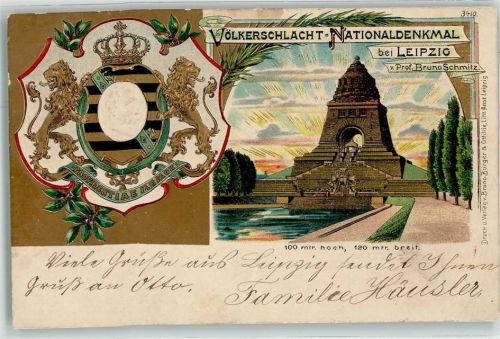 O7000 Leipzig sign. Bruno Schmitz Wappen Verlag Bürger und Ottillie Nr.3410 Künstlerkarte Völkerschlachtsdenkmal 1904 Prägedruck