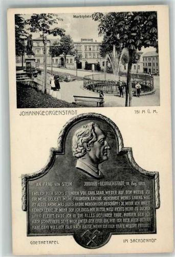 Johanngeorgenstadt 1918 Goethetafel im Sachsenhof Marktplatz Springbrunnen