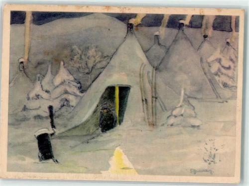 1944 Landser schaut aus seinem eingeschneiten Zelt in Norwegen Künstlerkarte Feldpost