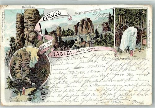 Bastei 1897 Basteifelsen u. Brücke Amselfall Felsentor Uttewalder Grund
