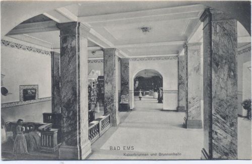 um 1910 Bad Ems, Kaiserbrunnen und Brunnenhalle,Dr. Trenkler & Co