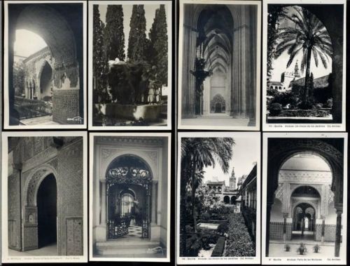 um 1930/40 Spanien, Sevilla, 8 verschiedene AK, Alc&aacute,zar, Schloss, Wandrelief, Grabmahl, Palmen, 3 AK rkp, 5 AK-Teilung
