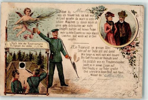 Ein Engel über einem Reservisten mit Bierhumpen und Pfeife In der Schießbahn Verlag S. Freund & Co. Reserve 1902 Lithographie