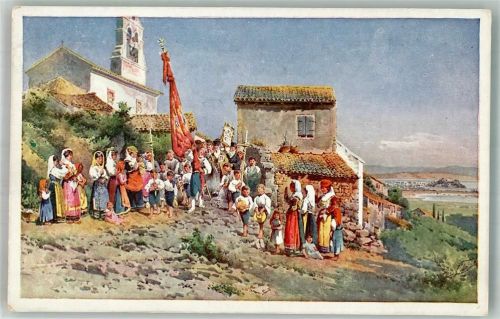 Corfu Kerkyra Lithographie / Künstlerkarte TrachtKirche Ort lt. Verlag
