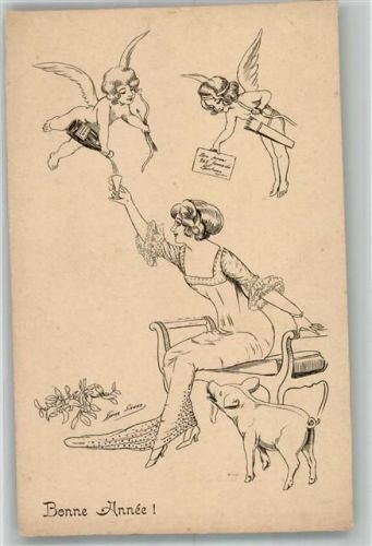 Bonne Annee Frau Amor Engel Schwein Verlag K.F. Paris Nr. 4272