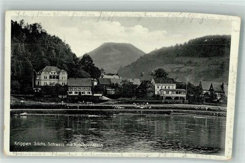 Krippen 1935 Panorama des Ortes im Elbtal mit Hotel Elbschlösschen und Kohlbornstein