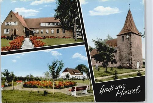 Hassel Kirche Haus Baum Bank Blumen
