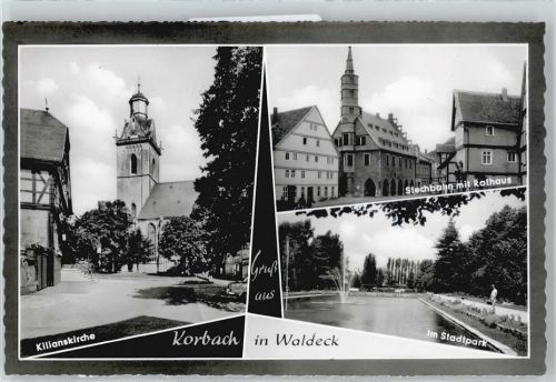 Korbach Rathaus Springbrunnen Teich Stadtpark Kirche