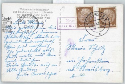 Weißenfels Landpoststempel, Waidmannsheilwaldhaus, Hindenburgfelsen, Eberstein