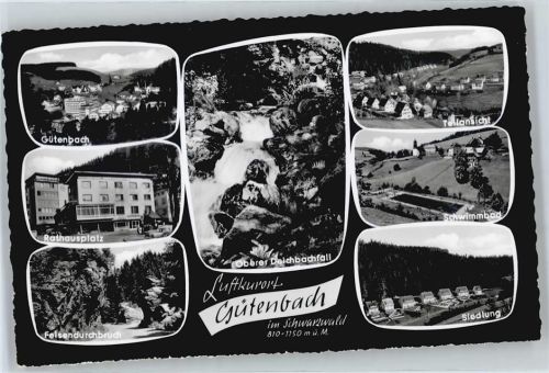 Gütenbach Rathausplatz, Felsendurchbruch, Schwimmbad, Siedlung, Oberer Deichbachfall