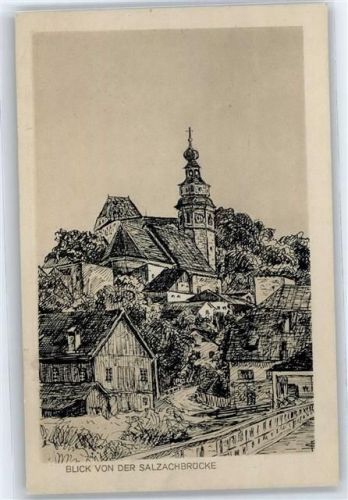 Tittmoning Blick von der Salzachbrücke, Kirche