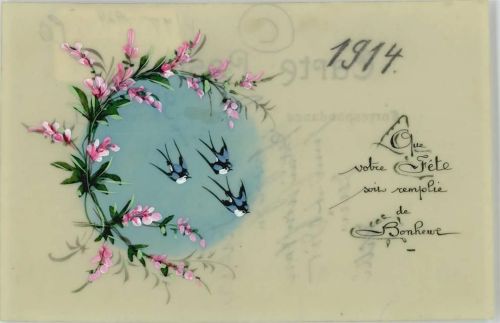 1914 Glückwunsch Schwalben Handcoloriert