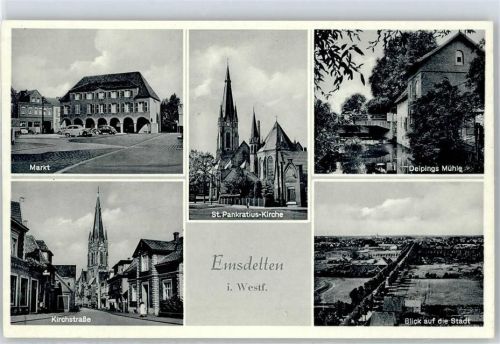 Emsdetten Markt, Kirchstraße, St. Pankratius Kirche, Deipings Mühle, Gesamtansicht