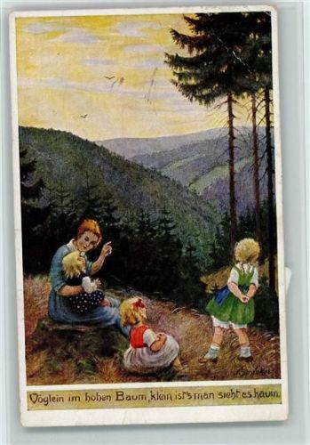 1922 Dresdner Künstlerkarte - Mutter mit drei Kindern horcht den Vögeln, Eckknick
