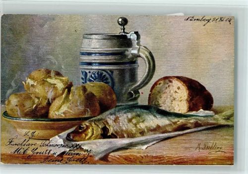 heisse Kartoffeln mit Fisch und Brot sign. M.Billing