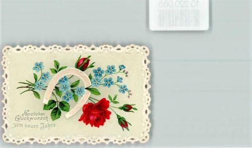 1900 Gestanzte Glückwunschkarte -- Neujahr - Hufeisen, Vergissmeinnicht , Rosen