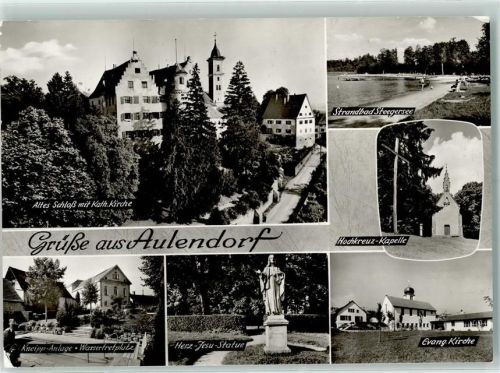 Aulendorf Altes Schloss mit Kath. Kirche Strandbad Steegersee Hochkreuz-Kapelle Kneipp-anlage Wassertretplatz Herz-Jesu-Statue Ev. Kirche Rückseite mit Abschürfungen bzw Kleberesten