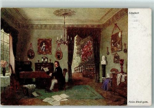 am Klavier sign. Felix Riedl Schubert, F. Künstlerkarte