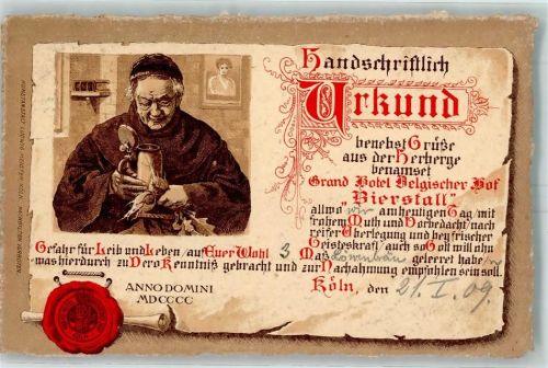 Köln Neustadt-Süd 102 Urkunde Grand Hotel Belgsicher Hof Bierstall Mönch