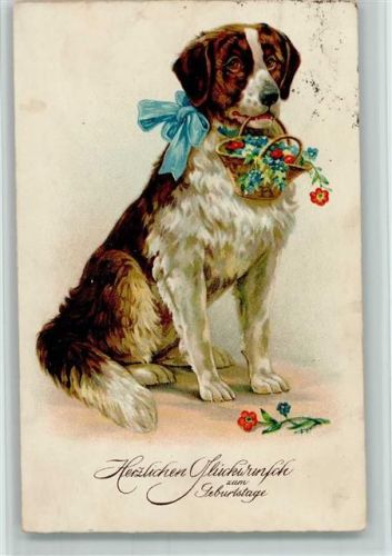 1931 mit einem Blumenkorb im Maul - Geburtstag AK Stempelspuren