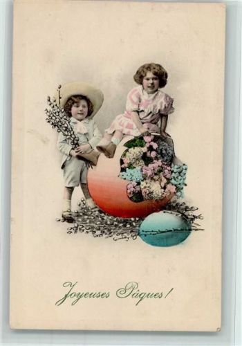 1913 Im großen Osterei sind Blumen, Kinder mit Kätzchenzweige - Ostern, Joyeuses Paques