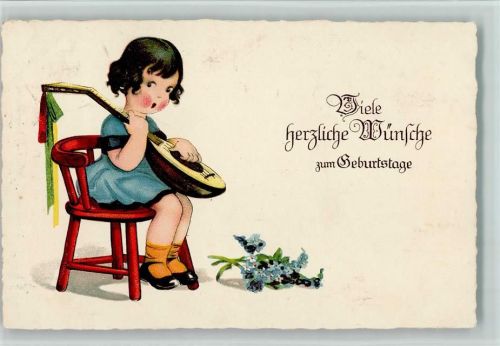 Geburtstag - Kind mit einer Laute, AK