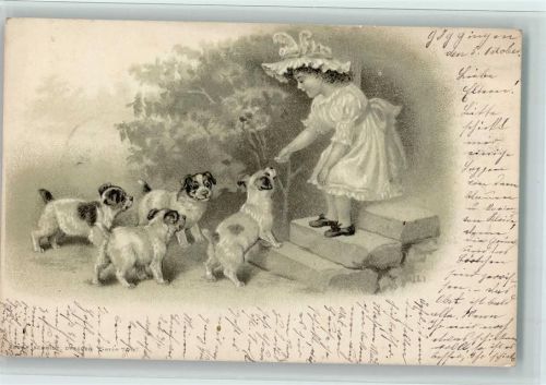 1900 Serie Mädchen mit Hundewelpen AK
