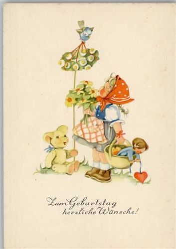 1956 Geburtstag - Mädchen mit Blumen und einem Teddy AK