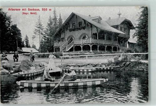 Arberschutzhaus Arbersee mit Seehaus Ruderboot Hüttenstempel