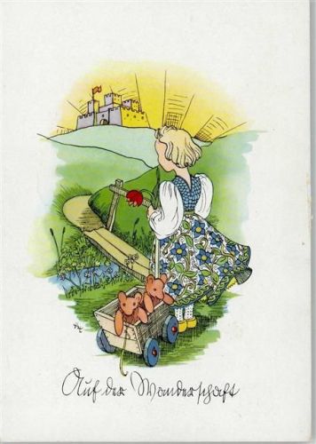 Auf der Wanderschaft - Teddy im Bollerwagen , von Hilde Töpfer-Zschocke AK