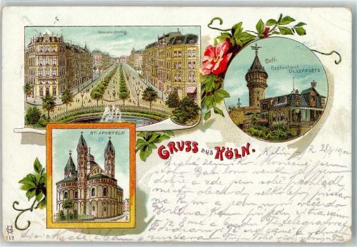 50667 W5021 Köln Neustadt-Süd 102 1900 Gebrauchsspuren Lithographie Hohenstaufenring St.Aposteln Gasthaus Ulrepforte