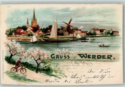 Werder Fahrradfahrer Baumblüte Segelboote Windmühle Vögel